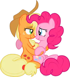 Size: 1250x1356 | Tagged: safe, artist:storfulsten, derpibooru import, applejack, pinkie pie, pony, applepie, female, lesbian, looking at each other, shipping, simple background, transparent background
