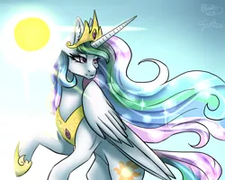 Size: 1001x801 | Tagged: safe, artist:jylaritaowo, artist:minelvi, derpibooru import, princess celestia, alicorn, pony, collaboration, female, looking back, mare, rearing, solo, sun