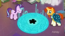 Size: 845x468 | Tagged: safe, derpibooru import, screencap, princess celestia, spike, starlight glimmer, sunburst, twilight sparkle, twilight sparkle (alicorn), alicorn, dragon, pony, celestial advice, magic, magic circle, summoning circle