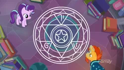 Size: 1280x720 | Tagged: safe, derpibooru import, screencap, starlight glimmer, sunburst, pony, celestial advice, book, magic, magic circle, summoning circle