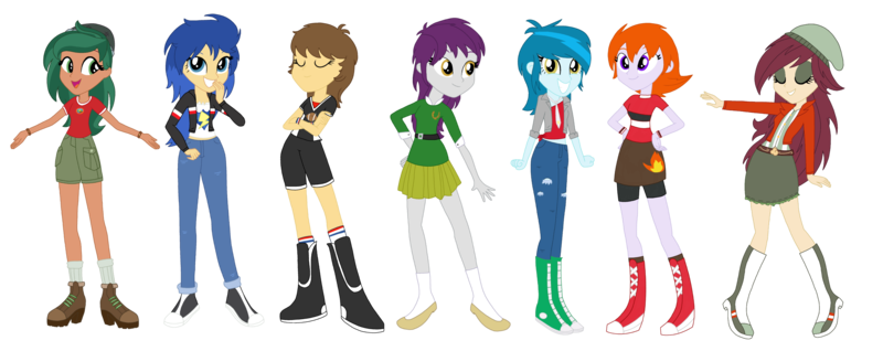 Size: 4096x1626 | Tagged: safe, artist:mlprocker123, derpibooru import, flash sentry, heath burns, indigo wreath, normal norman, teddy t. touchdown, thunderbass, timber spruce, equestria girls, absurd resolution, alternate universe, background human, blu lightning, clothes, compression shorts, equestria guys, eyes closed, female, flare warden, forest pine, grin, jacket, looking at you, male, normal norma, rule 63, shoes, shorts, simple background, skirt, smiling, socks, transparent background