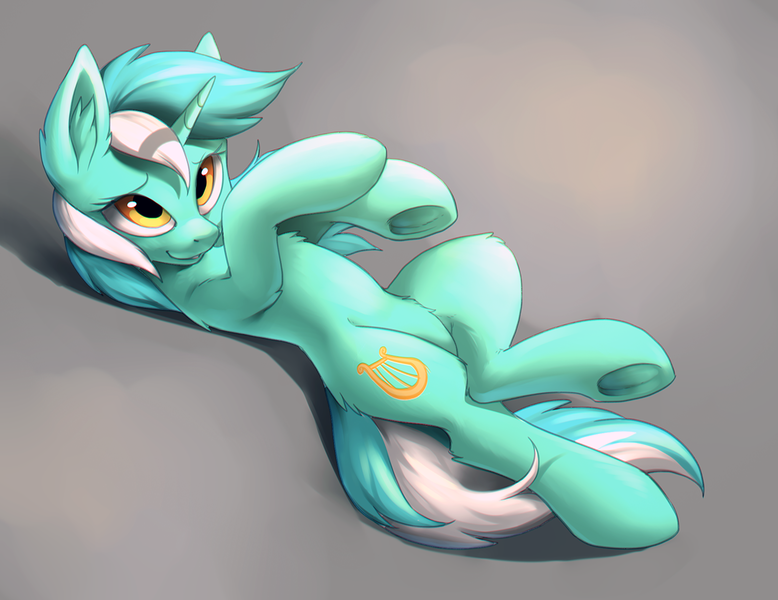 Size: 1280x987 | Tagged: safe, artist:hioshiru, derpibooru import, edit, lyra heartstrings, pony, unicorn, chromatic aberration, cute, explicit source, featureless crotch, female, fluffy, frog (hoof), gradient background, lying, lyrabetes, on back, sfw edit, simple background, smiling, solo, underhoof