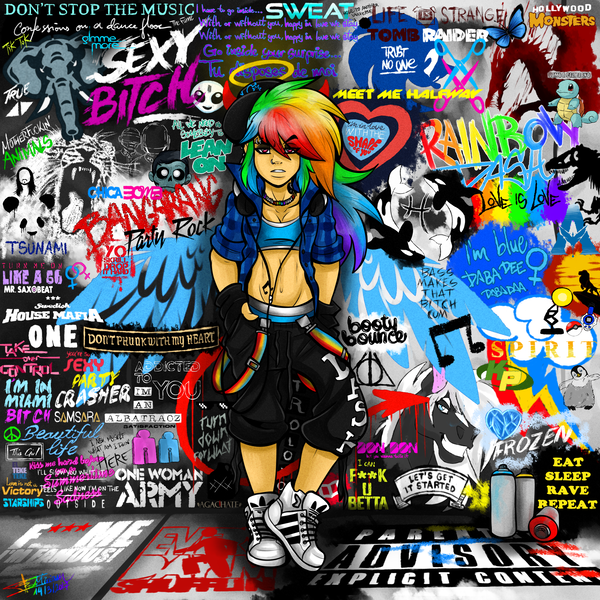 Size: 2400x2400 | Tagged: safe, artist:mimy92sonadow, derpibooru import, rainbow dash, human, abs, belly button, clothes, graffiti, hat, headphones, humanized, leaning, looking at you, multicolored hair, paint, solo, sports bra, spray can, spray paint, vulgar, wall