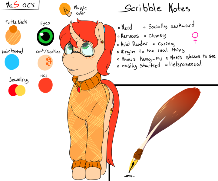 Size: 3600x3000 | Tagged: safe, artist:mr.smile, derpibooru import, oc, oc:scribble notes, unofficial characters only, pony, unicorn, freckles, glasses, reference sheet, solo