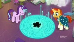 Size: 854x480 | Tagged: safe, derpibooru import, screencap, princess celestia, spike, starlight glimmer, sunburst, twilight sparkle, twilight sparkle (alicorn), alicorn, dragon, pony, unicorn, celestial advice, discovery family logo, eyes closed, horn, magic, magic circle, portal, smiling