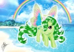 Size: 843x590 | Tagged: artist:marco albiero, beach, butterfly, cool breeze, derpibooru import, flying, g1, rainbow, safe, solo, windy wing ponies