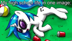 Size: 1600x900 | Tagged: safe, artist:johnjoseco, derpibooru import, vinyl scratch, pony, unicorn, ball, beach ball, caption, cup, drunk, female, grass, katy perry, last friday night, lying down, mare, open mouth, passed out, plastic cup, red solo cup, side, sleeping, solo, song reference, sunglasses