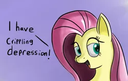 Size: 1280x814 | Tagged: safe, artist:itsthinking, derpibooru import, fluttershy, pegasus, pony, bust, depression, dialogue, female, gradient background, idubbbz, image macro, lidded eyes, meme, open mouth, portrait, simple background, smiling, solo, text