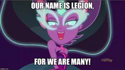 Size: 800x451 | Tagged: safe, derpibooru import, edit, edited screencap, screencap, sci-twi, twilight sparkle, demon, equestria girls, friendship games, bible, bible verse, discovery family logo, image macro, legion, meme, midnight sparkle, midnight sparkle's lines, religion, solo