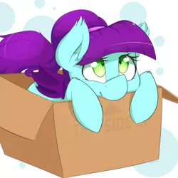 Size: 1000x1000 | Tagged: safe, artist:thebatfang, derpibooru import, oc, oc:high pitch, unofficial characters only, bat pony, pony, bat pony oc, box, cute, ear fluff, fangs, female, filly, in a box, looking up, pony in a box, simple background, smiling, solo, wings