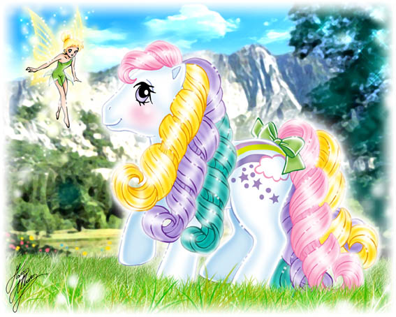 Size: 567x454 | Tagged: artist:marco albiero, bow, derpibooru import, fairy, g1, rainbow curl pony, raincurl, safe, tail bow, tinkerbell