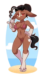 Size: 950x1604 | Tagged: adorasexy, anthro, anthro oc, artist:re-sublimity-kun, beach, belly button, bikini, breasts, clothes, cloud, commission, cute, derpibooru import, drink, female, floppy ears, frappe, gift art, grumpy, hair bun, hand on hip, hybrid, large ears, lidded eyes, looking at you, mare, mule, oc, oc:caffeinated comatose, ponysona, sexy, sky, solo, solo female, suggestive, sunglasses, swimsuit, unguligrade anthro, unofficial characters only, unshorn fetlocks, water