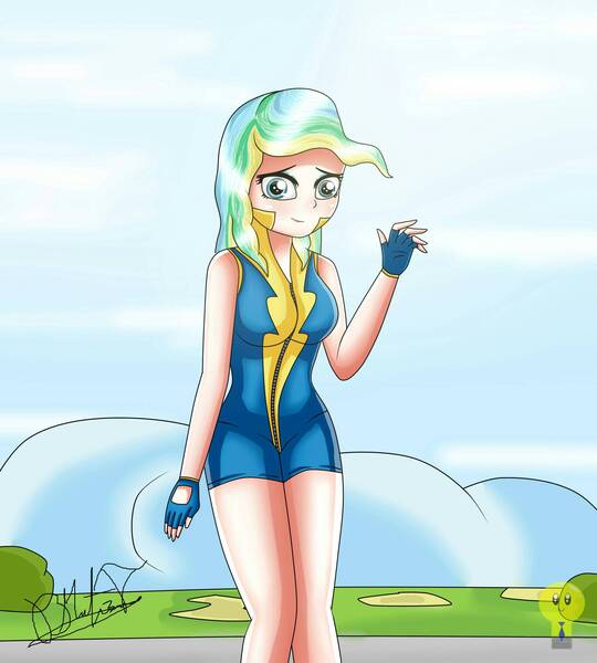 Size: 1800x2000 | Tagged: artist:focusb, clothes, cute, derpibooru import, female, fingerless gloves, gloves, human, humanized, safe, solo, top bolt, uniform, vapor trail, wonderbolt trainee uniform