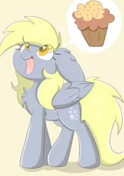 Size: 2893x4092 | Tagged: safe, artist:meowmavi, derpibooru import, derpy hooves, pegasus, pony, absurd resolution, chest fluff, cute, derpabetes, female, floppy ears, food, happy, heart eyes, looking up, mare, muffin, open mouth, simple background, solo, that pony sure does love muffins, thought bubble, wingding eyes