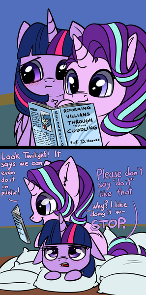 Size: 1080x2184 | Tagged: safe, artist:duop-qoub, artist:tjpones, derpibooru import, starlight glimmer, twilight sparkle, twilight sparkle (alicorn), alicorn, pony, unicorn, :t, blushing, book, chest fluff, comic, cuddling, dialogue, ear fluff, floppy ears, innuendo, lidded eyes, open mouth, pillow, pillow fort, platonic, prone, reading, sitting, smiling, stop, unamused