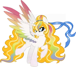 Size: 800x704 | Tagged: safe, artist:tambelon, derpibooru import, oc, oc:iridia, unofficial characters only, alicorn, pony, alicorn oc, colored wings, colored wingtips, female, goddess, mare, multicolored wings, rainbow power, rainbow power-ified, simple background, solo, transparent background