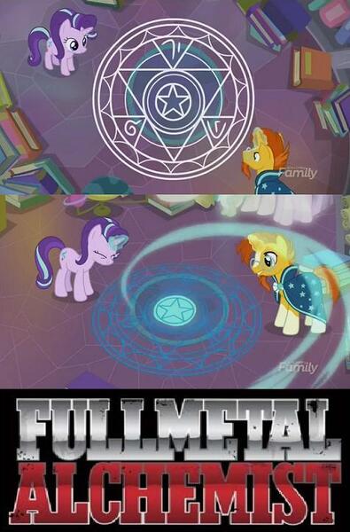 Size: 475x722 | Tagged: safe, derpibooru import, edit, edited screencap, screencap, princess celestia, spike, starlight glimmer, sunburst, twilight sparkle, twilight sparkle (alicorn), alicorn, dragon, pony, celestial advice, anime, fullmetal alchemist, magic, magic circle, meme, summoning circle