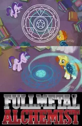 Size: 475x722 | Tagged: safe, derpibooru import, edit, edited screencap, screencap, princess celestia, spike, starlight glimmer, sunburst, twilight sparkle, twilight sparkle (alicorn), alicorn, dragon, pony, celestial advice, anime, fullmetal alchemist, magic, magic circle, meme, summoning circle