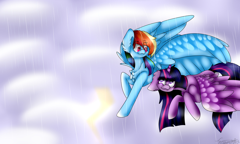 Size: 5000x3000 | Tagged: safe, artist:popcornhorns, derpibooru import, rainbow dash, twilight sparkle, twilight sparkle (alicorn), alicorn, pony, absurd resolution, cute, female, flying, lesbian, lightning, rain, request, shipping, twidash, wing umbrella