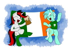 Size: 1720x1200 | Tagged: safe, artist:recordmelodie, derpibooru import, lyra heartstrings, oc, oc:blackjack, pony, unicorn, fallout equestria, clothes, clover, drunk, female, flag, four leaf clover, ireland, irish, mare, open mouth, saint patrick's day, shirt, socks, t-shirt