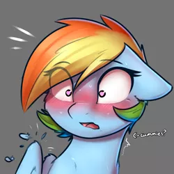 Size: 2400x2400 | Tagged: suggestive, artist:captainpudgemuffin, derpibooru import, rainbow dash, pegasus, pony, alternate hairstyle, blushing, blushing profusely, bust, cheek fluff, cummies, dialogue, feather, floppy ears, gray background, heart eyes, open mouth, shivering, short hair, short mane, simple background, solo, sweat, wavy mouth, wide eyes, wing fluff, wingding eyes