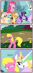 Size: 861x1896 | Tagged: safe, artist:the-ross, derpibooru import, applejack, cherry berry, fluttershy, pinkie pie, princess celestia, rainbow dash, rarity, twilight sparkle, alicorn, pony, comic, derp, faic, female, mane six, mare, pinkie derp, smirk, twiface