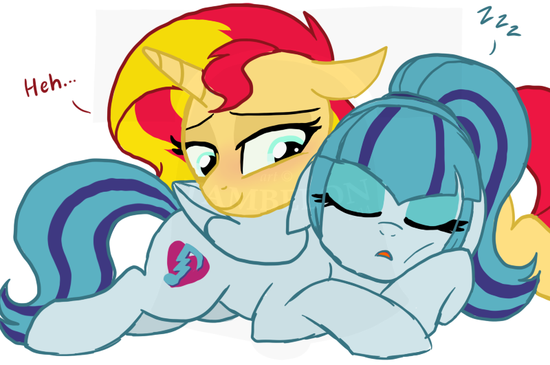 Size: 800x531 | Tagged: safe, artist:tambelon, derpibooru import, sonata dusk, sunset shimmer, ponified, pegasus, pony, unicorn, equestria girls, blushing, cuddling, cute, daaaaaaaaaaaw, equestria girls ponified, female, hnnng, lesbian, mare, pony pillow, shimmerbetes, shipping, sleeping, snuggling, sonatabetes, sunata, watermark, zzz