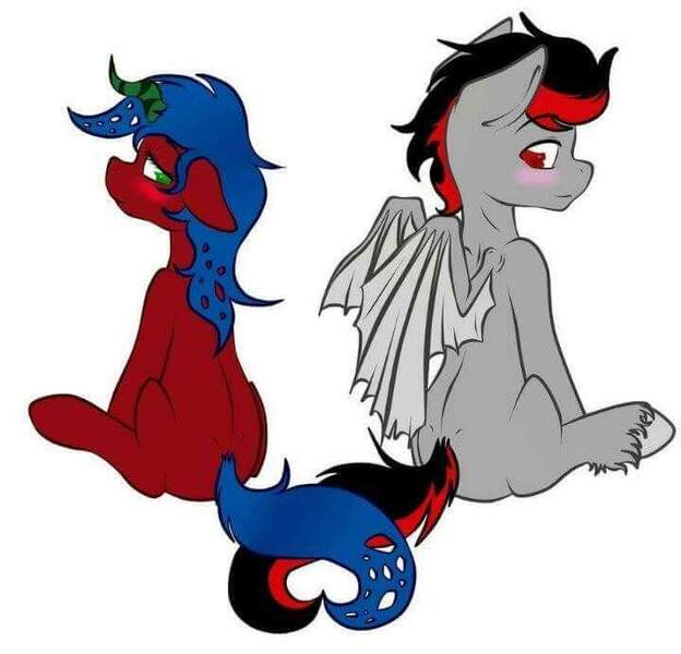 Size: 720x692 | Tagged: blushing, changeling, changeling oc, cute, derpibooru import, dracony, female, filly, hybrid, oc, oc:broken flare, oc:ruby glimmer, oc x oc, safe, shipping, simple background, unofficial characters only, white background, younger