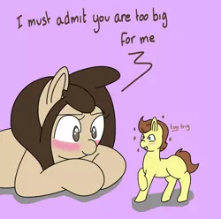 Size: 1912x1895 | Tagged: safe, artist:lou, derpibooru import, oc, oc:louvely, oc:tomson, unofficial characters only, earth pony, pony, blushing, dialogue, duo, micro, proud, raised hoof, raised leg, size difference, tiny ponies