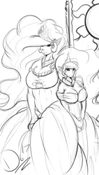 Size: 1360x2393 | Tagged: artist:thelunarmoon, big breasts, breasts, cleavage, clothes, crown, derpibooru import, dress, duo, duo female, elf ears, female, human, humanized, jewelry, looking at you, monochrome, necklace, princess celestia, princess luna, regalia, royal sisters, sketch, smiling, suggestive, wip