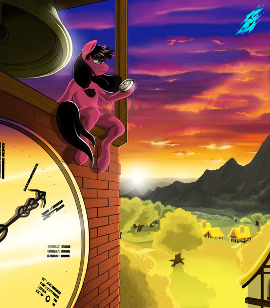 Size: 4134x4724 | Tagged: safe, artist:blackrunewarlock, derpibooru import, oc, oc:macdolia, unofficial characters only, earth pony, pony, absurd resolution, bell, clock tower, pigtails, pocket watch, ponyville, solo, sunset, wind