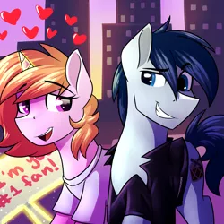 Size: 2000x2000 | Tagged: safe, artist:rubywave32, derpibooru import, oc, oc:rhythm, unofficial characters only, earth pony, pony, unicorn, building, city, clothes, commission, duo, female, glowing horn, heart, jacket, magic, male, mare, sign, smiling, stallion, straight