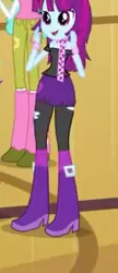 Size: 143x332 | Tagged: safe, derpibooru import, screencap, mystery mint, paisley, equestria girls, friendship games, background human, boots, bracelet, chs rally song, clothes, cropped, flower, high heel boots, implied paisley, jewelry, leg warmers, leggings, pants, pantyhose, ripped pantyhose, scarf, skirt