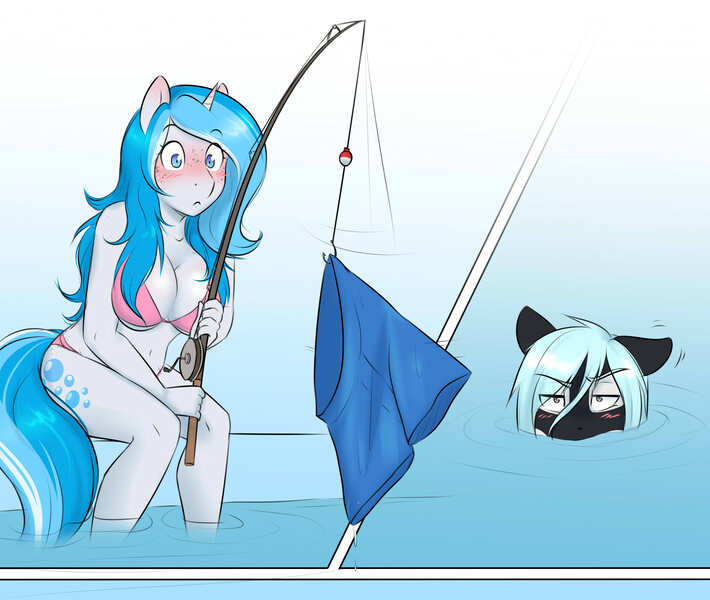 Size: 2838x2397 | Tagged: suggestive, artist:askbubblelee, derpibooru import, oc, oc:bubble lee, oc:imago, oc:mako, unofficial characters only, anthro, hybrid, orca pony, original species, unicorn, anthro oc, assisted exposure, big breasts, bikini, blushing, breasts, cleavage, clothes, clothing theft, couple, embarrassed, female, fishing rod, freckles, makolee, male, mare, midriff, oc x oc, shipping, stallion, story in the source, story included, straight, swimming trunks, swimsuit, swimsuit theft