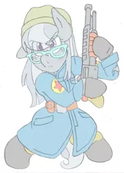 Size: 2035x2821 | Tagged: safe, artist:blackbewhite2k7, derpibooru import, silver spoon, pony, bipedal, cloths, cracked, dragon ball super, future mai, gun, mai, older, older silver spoon, shotgun, sketch, solo, weapon