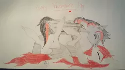 Size: 2048x1144 | Tagged: 2016, artist:zebrazag, cute, derpibooru import, dracony, hybrid, kissing, oc, oc:broken flare, oc:dragon heart, oc x oc, safe, shipping, traditional art, unofficial characters only, valentine's day