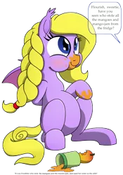 Size: 3500x5000 | Tagged: safe, artist:pananovich, derpibooru import, oc, oc:flourish glade, unofficial characters only, bat pony, pony, absurd resolution, bat pony oc, belly, blonde, female, filly, food, mango, simple background, solo, transparent background