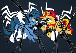 Size: 1609x1133 | Tagged: safe, artist:gamerpen, derpibooru import, sunset shimmer, oc, oc:mix-up, pony, crossover, date, marvel comics, symbiote, vector, venom