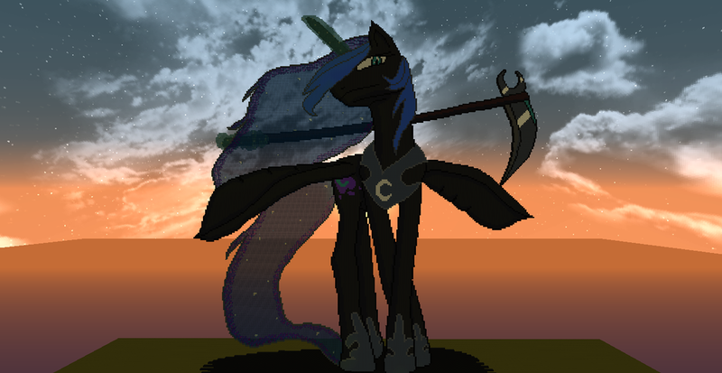 Size: 1024x528 | Tagged: artist:lucario84, derpibooru import, game screencap, magic, minecraft, minecraft pixel art, nightmare moon, pixel art, princess luna, princess of the night, safe, scythe, solo, weapon