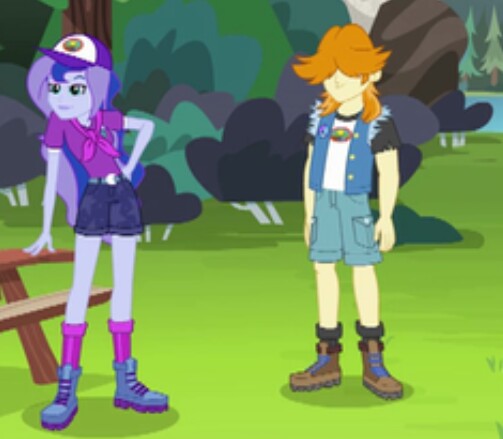 Size: 503x439 | Tagged: safe, derpibooru import, screencap, princess luna, valhallen, equestria girls, legend of everfree, boots, camp everfree outfits, cap, clothes, cropped, hat, jacket, shorts, socks, vice principal luna