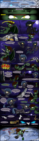 Size: 2460x8800 | Tagged: safe, artist:dangercloseart, derpibooru import, princess luna, queen chrysalis, oc, oc:dive siren, oc:gotha, bat pony, mouse, pony, rattlesnake, snake, comic:wings of fire, absurd resolution, comic, fusion, mare in the moon, moon, mother and daughter, nightmare, sparring, weapon