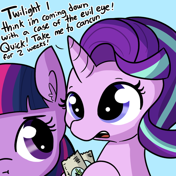 Size: 1280x1280 | Tagged: safe, artist:tjpones, derpibooru import, starlight glimmer, twilight sparkle, twilight sparkle (alicorn), alicorn, pony, unicorn, :t, blue background, dialogue, ear fluff, hoof hold, open mouth, simple background, ticket, unamused