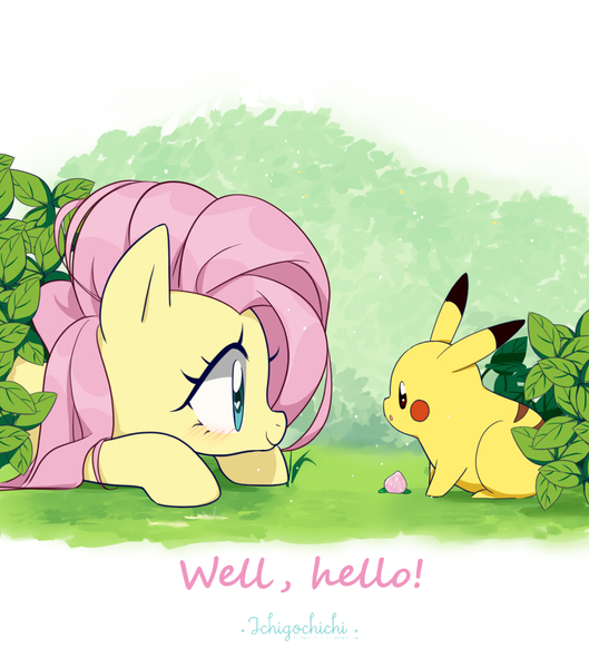 Size: 900x1020 | Tagged: safe, artist:ichigochichi, derpibooru import, fluttershy, pegasus, pikachu, pony, crossover, cute, duo, eye, eye contact, female, happy, heart eyes, looking at each other, mare, pokémon, profile, prone, shyabetes, smiling, wingding eyes