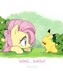 Size: 900x1020 | Tagged: safe, artist:ichigochichi, derpibooru import, fluttershy, pegasus, pikachu, pony, crossover, cute, duo, eye, eye contact, female, happy, heart eyes, looking at each other, mare, pokémon, profile, prone, shyabetes, smiling, wingding eyes