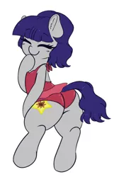 Size: 2766x4286 | Tagged: suggestive, artist:wickedsilly, derpibooru import, oc, oc:fruity blossom, unofficial characters only, earth pony, pony, absurd resolution, bipedal, blushing, clothes, eyes closed, female, giggling, hoof on chin, looking back, mare, milf, plot, simple background, solo, solo female, swimsuit, the ass was fat, white background
