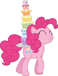 Size: 6400x8407 | Tagged: safe, artist:parclytaxel, derpibooru import, pinkie pie, earth pony, pony, castle sweet castle, .svg available, absurd resolution, cake, eyes closed, female, food, grin, mare, platter, seven-layer what's-that-flavour mystery surprise, simple background, smiling, solo, transparent background, vector