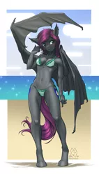 Size: 1435x2533 | Tagged: suggestive, artist:mykegreywolf, derpibooru import, oc, oc:dusk eclipse, unofficial characters only, anthro, bat pony, unguligrade anthro, adorasexy, anthro oc, beach, beautiful, belly button, bikini, blushing, breasts, clothes, commission, cute, cute little fangs, delicious flat chest, ear fluff, fangs, female, frilled swimsuit, hair twirl, hooves, mare, midriff, panties, sexy, side-tie bikini, small breasts, smiling, solo, solo female, swimsuit, thong, underwear