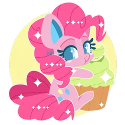 Size: 2449x2449 | Tagged: safe, artist:snow angel, derpibooru import, pinkie pie, pony, abstract background, chibi, colored pupils, cupcake, cute, diapinkes, eating, eye sparkles, food, micro, sitting, solo, wingding eyes
