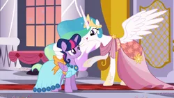 Size: 1920x1080 | Tagged: safe, derpibooru import, screencap, princess celestia, twilight sparkle, twilight sparkle (alicorn), alicorn, pony, make new friends but keep discord, alternate hairstyle, beautiful, canterlot castle, clothes, confused, crown, dress, duo, ethereal mane, female, flowing mane, folded wings, frown, gala, gala dress, hair bun, having fun, hoof shoes, hug, jewelry, looking at each other, mare, multicolored mane, necklace, raised hoof, regalia, sillestia, silly, smiling, spread wings, talking, wing hands, winghug