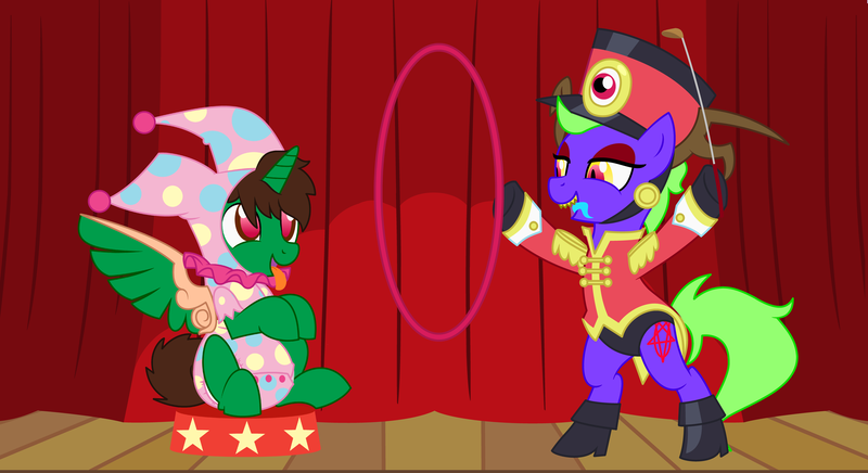 Size: 11000x6000 | Tagged: questionable, artist:evilfrenzy, derpibooru import, oc, oc:frost d. tart, oc:midnight devilwitch, unofficial characters only, alicorn, pony, absurd resolution, adult foal, alicorn oc, diaper, diaper fetish, hypnosis, hypnotized, jester, lion tamer, mental regression, onesie, pentagram, poofy diaper, riding crop, ringmaster, stage, tongue out